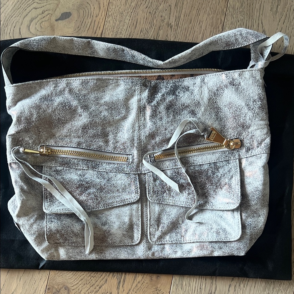 Aimee Kestenberg metallic suede shoulder bag. Pockets galore. Gold trim.